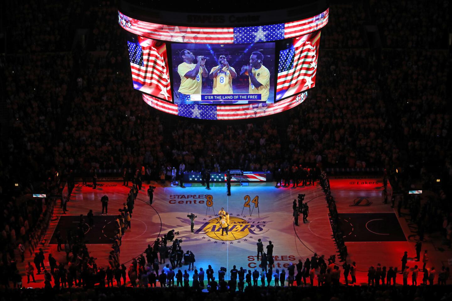 Boys to Men sing the national anthem before the start of the Lakers' game against them Portland Trail Blazers at Staples Center on Jan. 31, 2020.