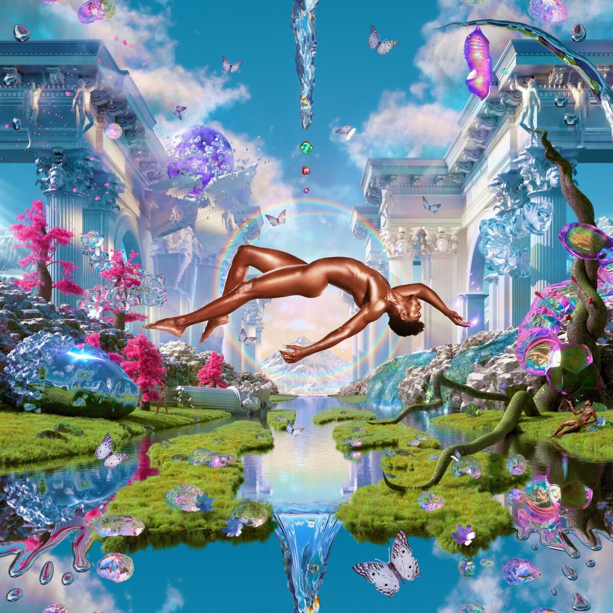 A naked man floats through a mystical scene