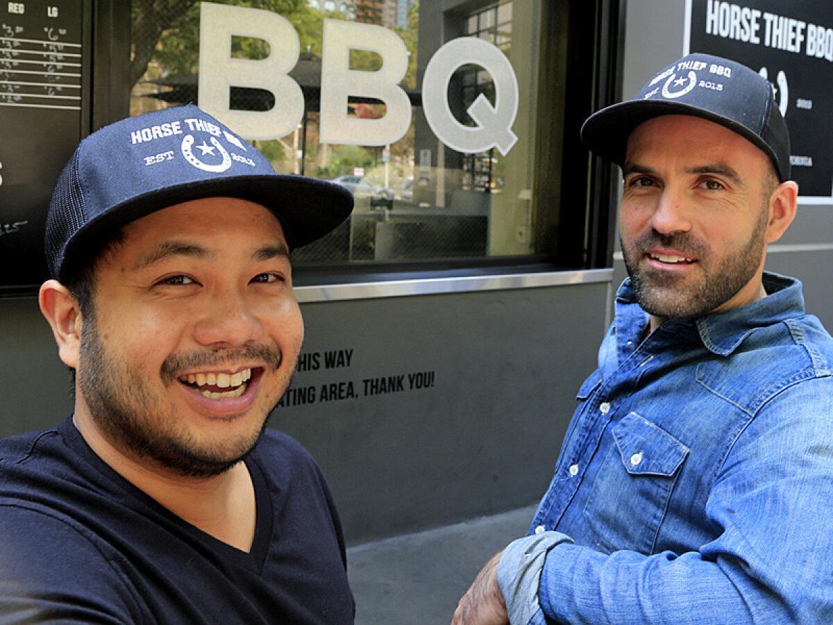 Russell Malixi and Wade McElroy, owners of the HorseThief BBQ at Grand Central Market in Los Angeles