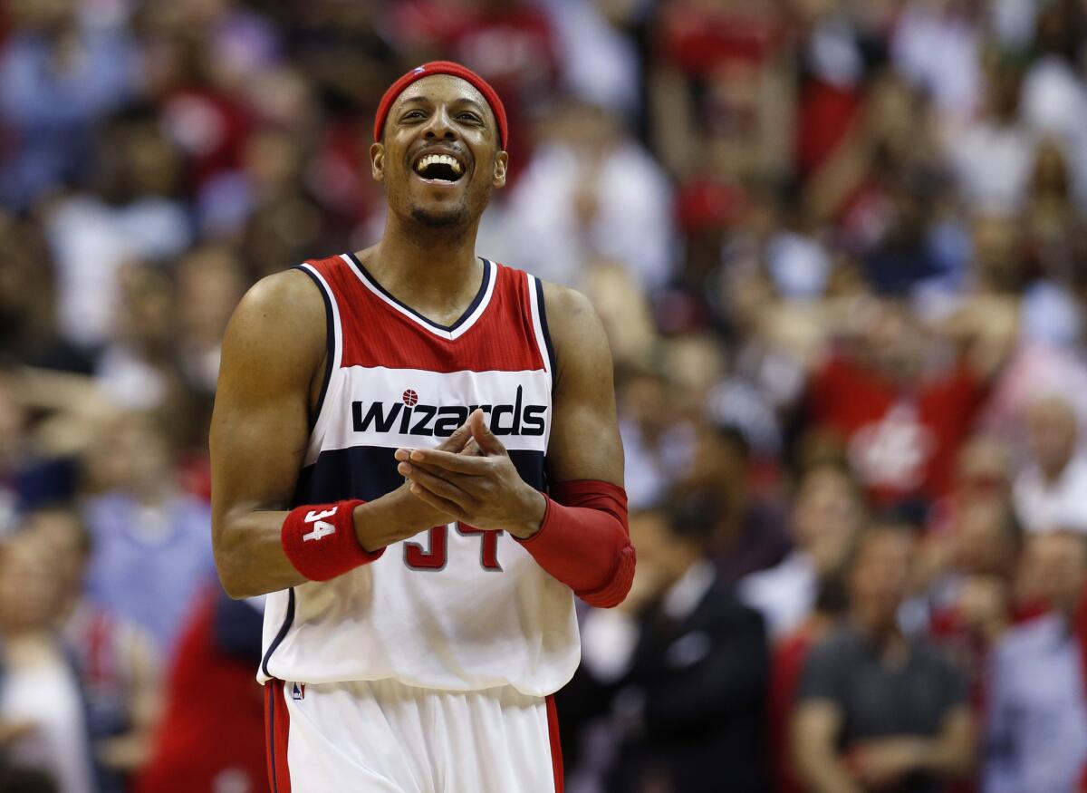 Paul Pierce reacts after a play during a Wizards playoff game against the Hawks on May 11.
