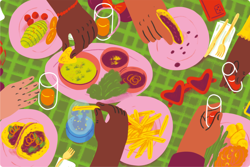 An illustration of a table full of plates of food and drinks
