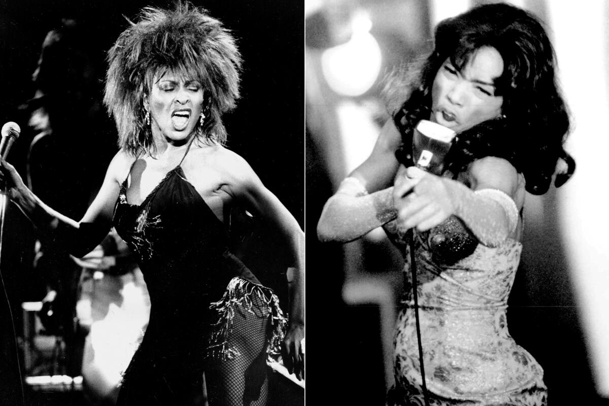 Black and white photos of Tina Turner dancing on stage and Angela Bassett portraying Turner on film