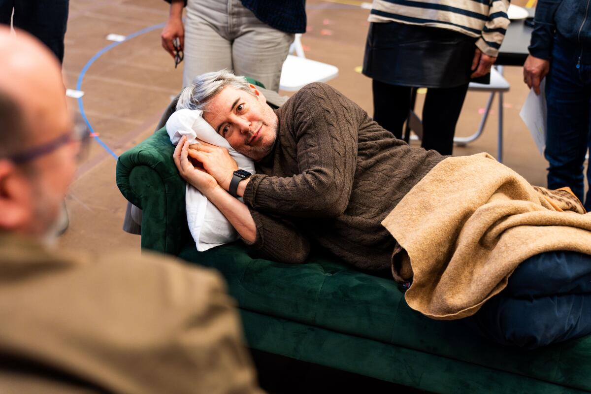 Matthew Broderick, center, rehearses a scene from "Babbitt" with director Christopher Ashley, left, at La Jolla Playhouse.