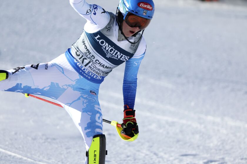 United States' Mikaela Shiffrin fails to complete the slalom portion of an alpine ski, women's World Championship combined race, in Meribel, France, Monday, Feb. 6, 2023. (AP Photo/Alessandro Trovati)