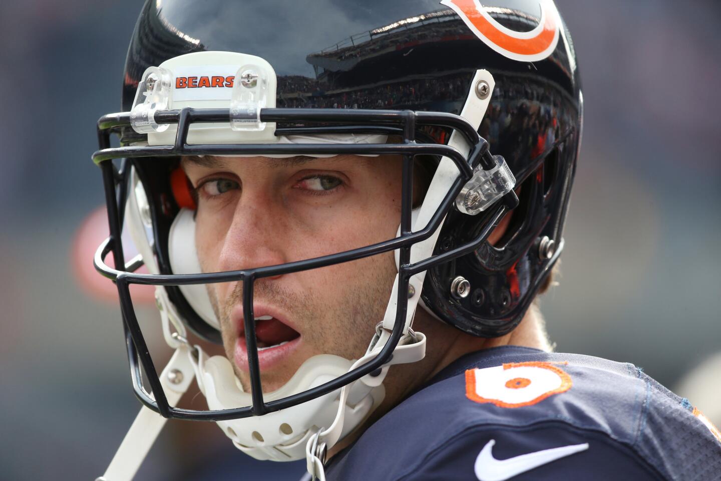 Bears quarterback Jay Cutler looks around the field before the game against the Dolphins.