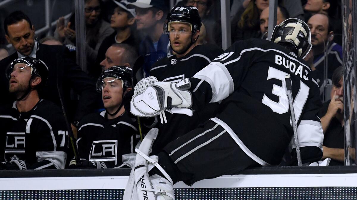 Kings' Peter Budaj leaves the game with the Kings trailing 4-1 during the second period at Staples Center on Tuesday.