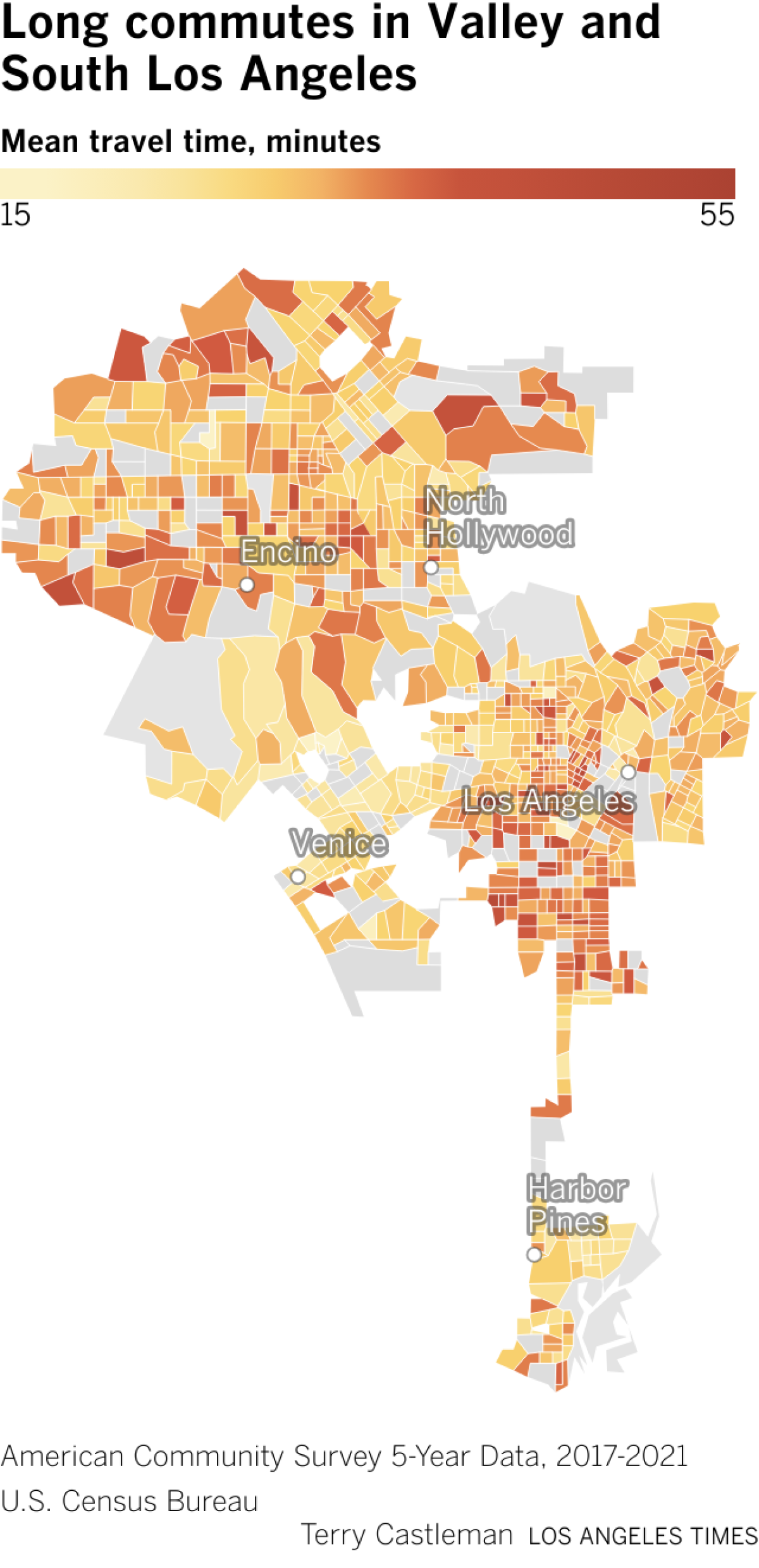 Map of Los Angeles showing high commute times for residents of the Valley and South L.A.