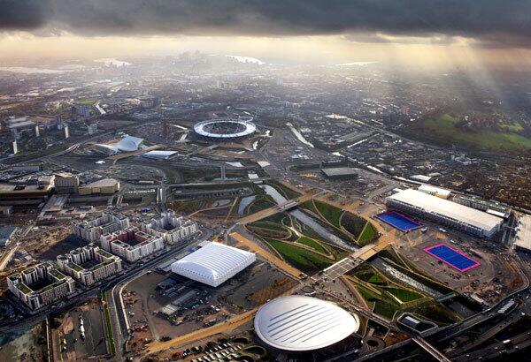 An aerial view of the Olympic Park, Stratford, Canary Wharf and Central London. The 2012 Summer Olympic Games will take place in London from July 27 to Aug. 12.