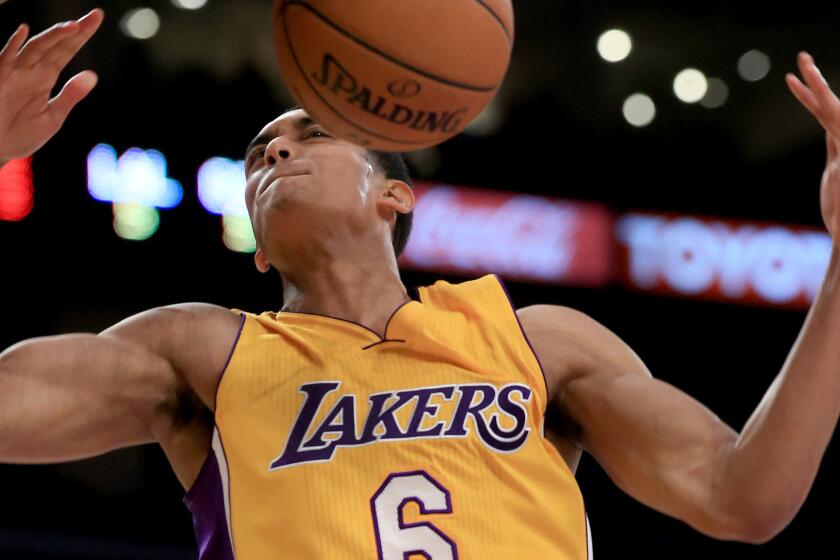 Lakers guard Jordan Clarkson dunks during a win over the Golden State Warriors on Dec. 23.