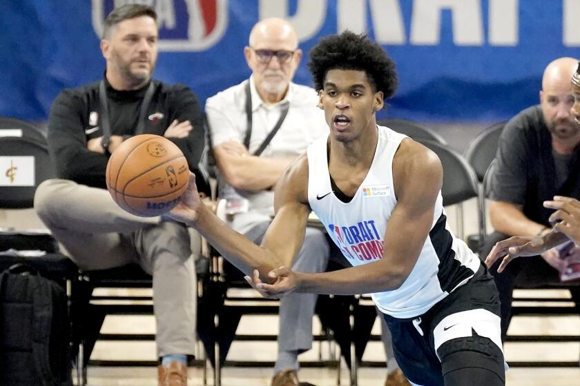 Arizona State's Josh Christopher participates in the NBA Draft Combine at the Wintrust Arena Thursday, June 24, 2021, in Chicago. (AP Photo/Charles Rex Arbogast)