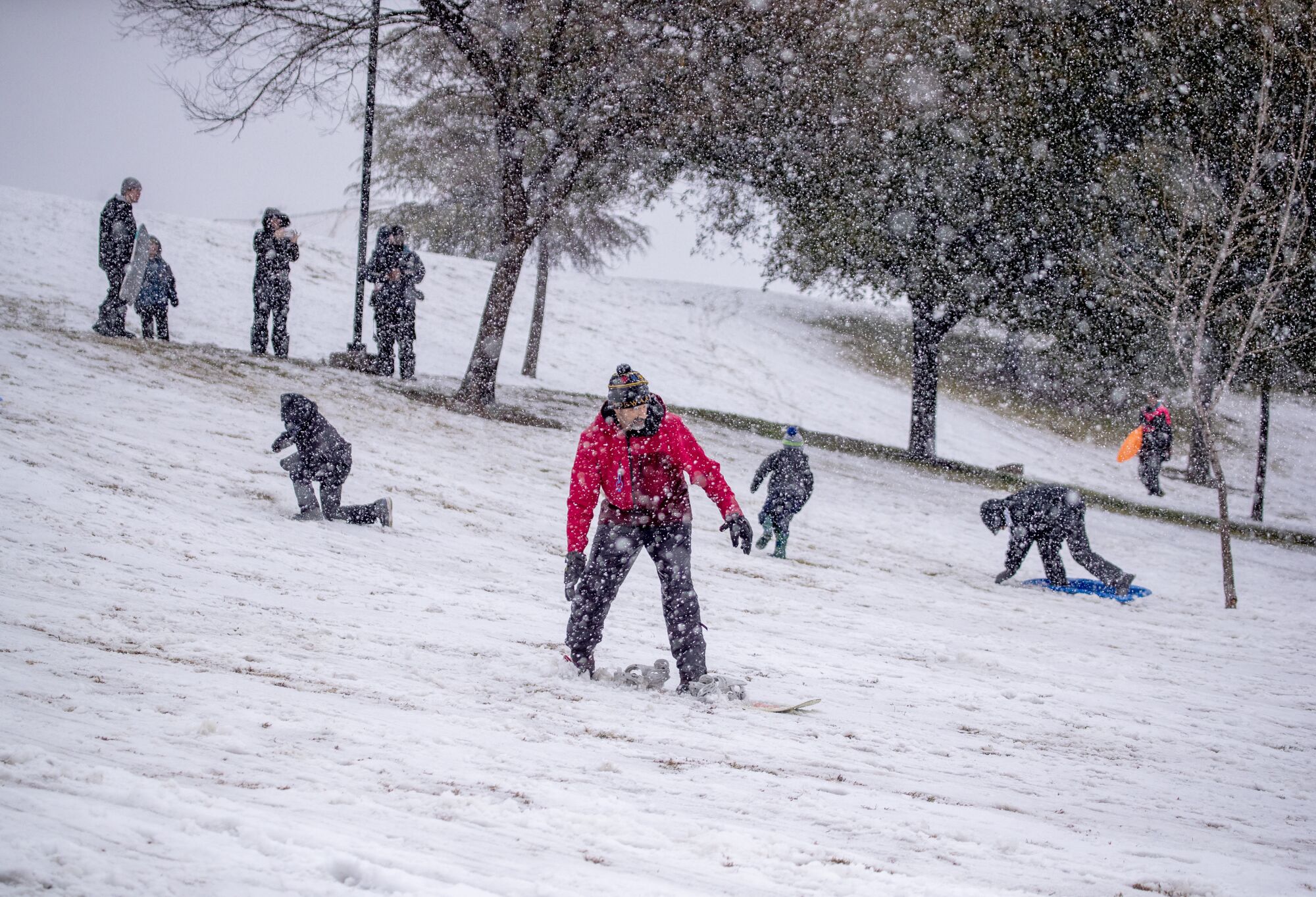 People snowboard and sled down a hill as snow still falls.