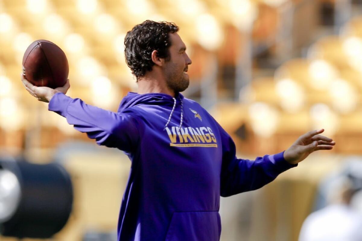 Vikings quarterback Sam Bradford warms up before a game against the Steelers in Pittsburgh on Sept. 17.