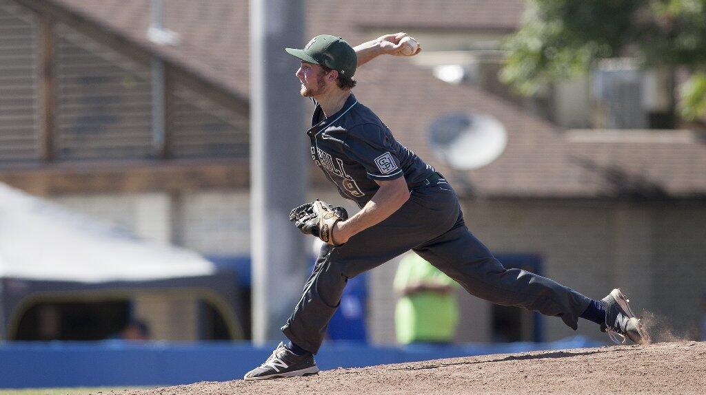 Sage Hill School pitcher Brett Super throws during the first inning against Crean Lutheran in the CIF-SS Division 6 baseball championship game at UCR Sports Complex in Riverside on Saturday.