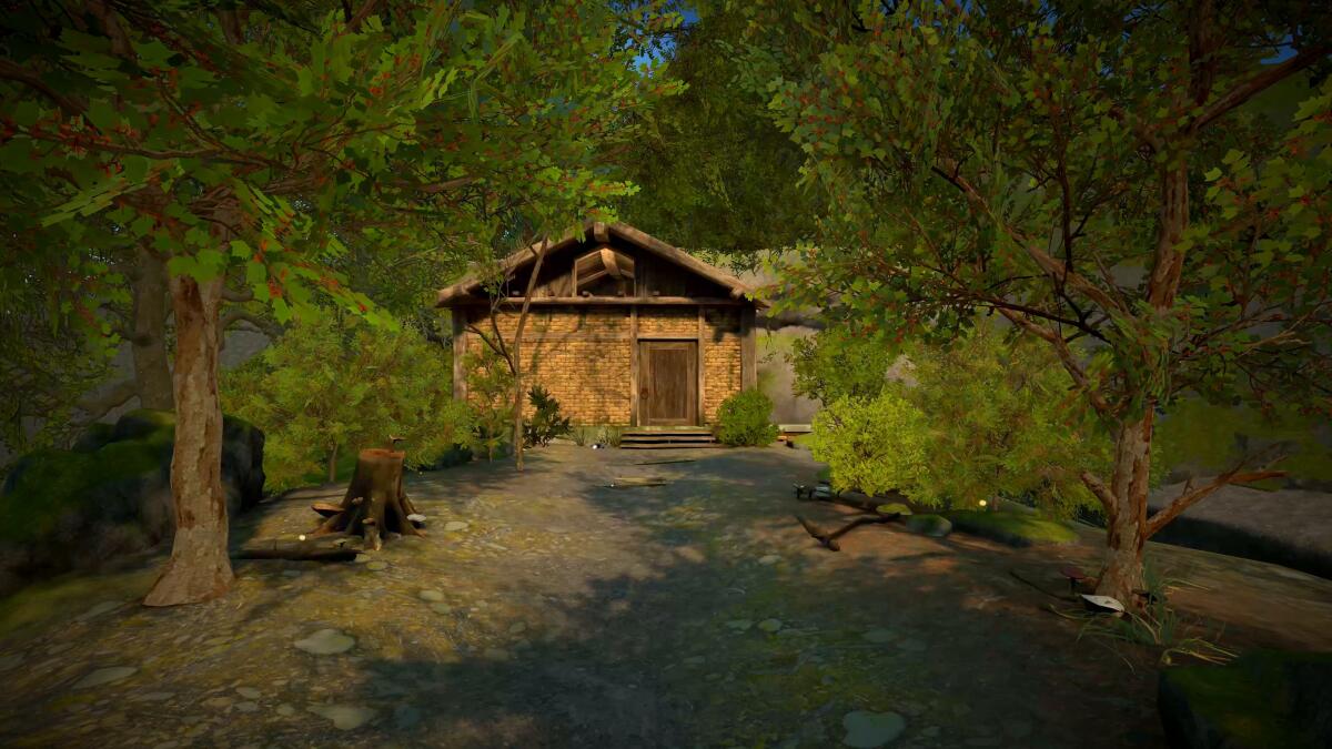 A road leads to a small brick building in a forest clearing in a video game.