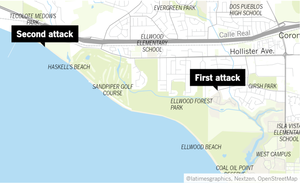 A map that shows the approximate locations of two recent attacks in Goleta.