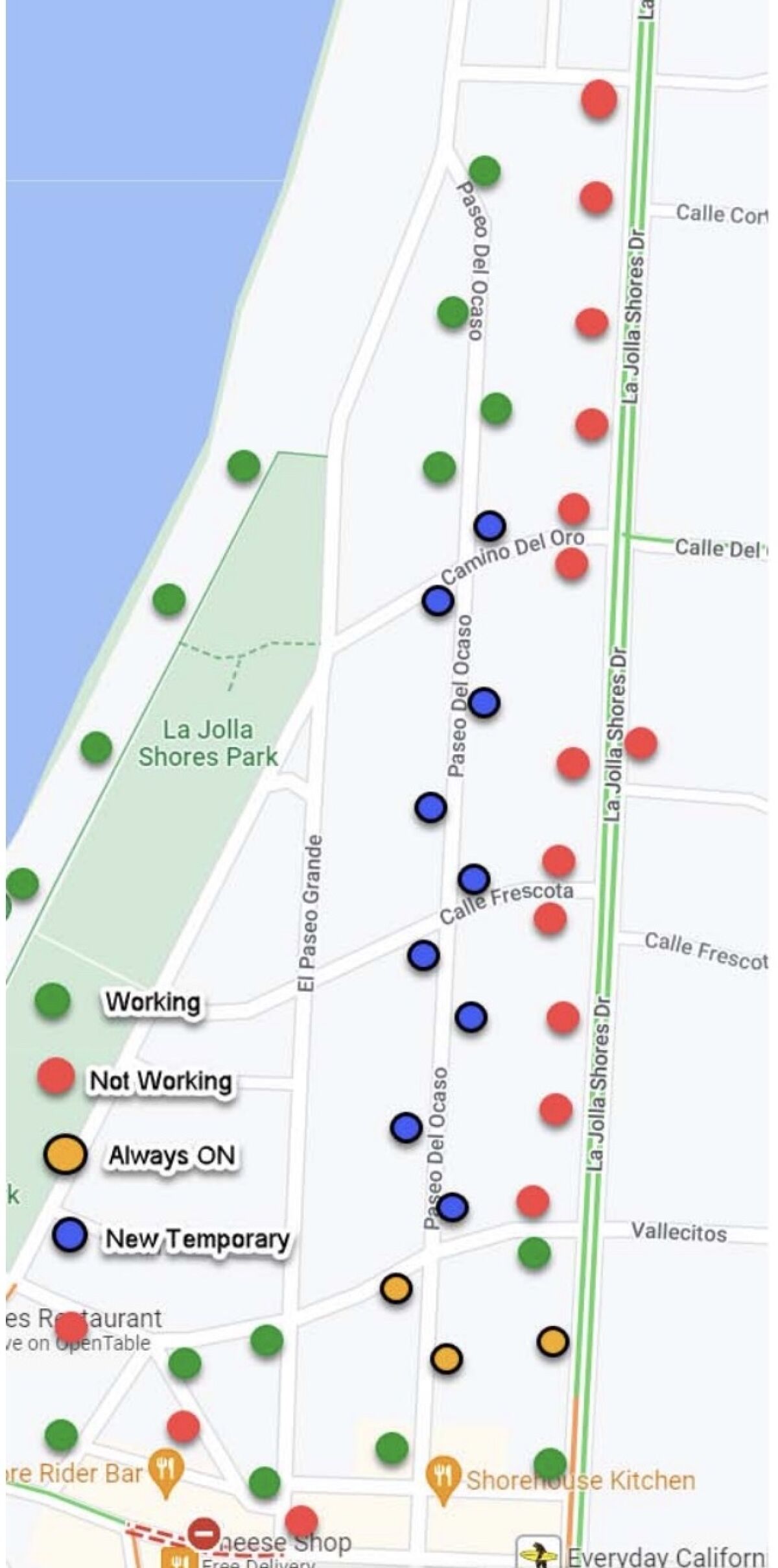 LJSA board member Charlie Brown created this map showing where streetlights are out west of La Jolla Shores Drive.