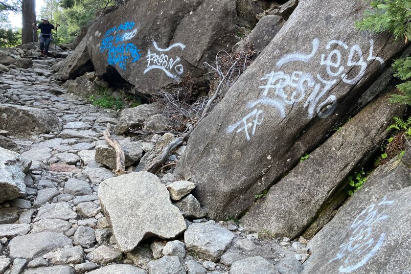 Graffiti was found along the Yosemite Falls Trail in Yosemite National Park.