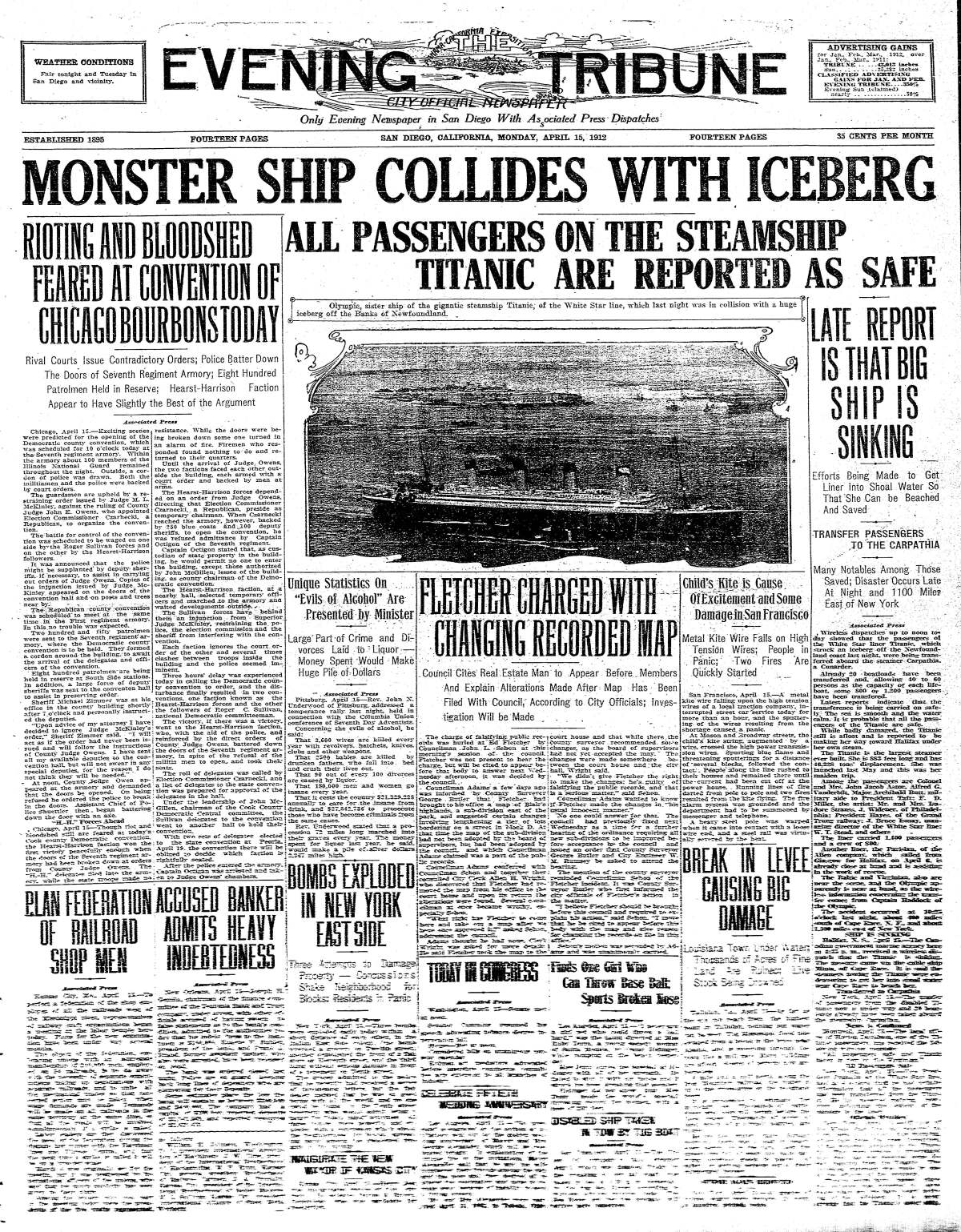 News that the Titanic had struck an iceberg dominated the front page of the Evening Tribune, Monday, April 15, 1912 
