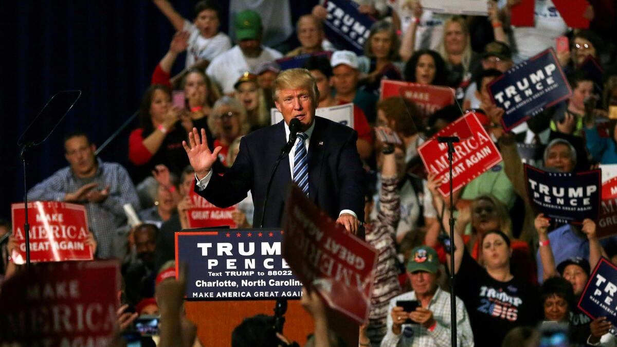 Donald Trump addresses a rally in Charlotte, N.C., on Friday.