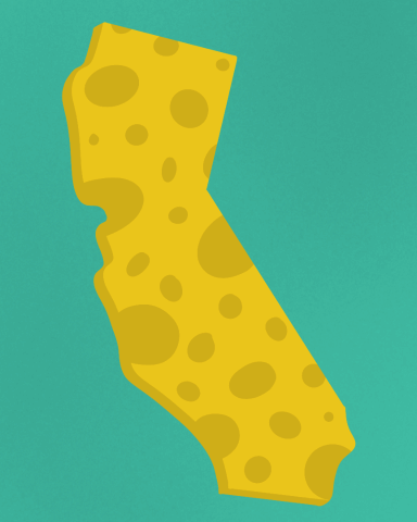 Illustration of state of California made out of cheese.