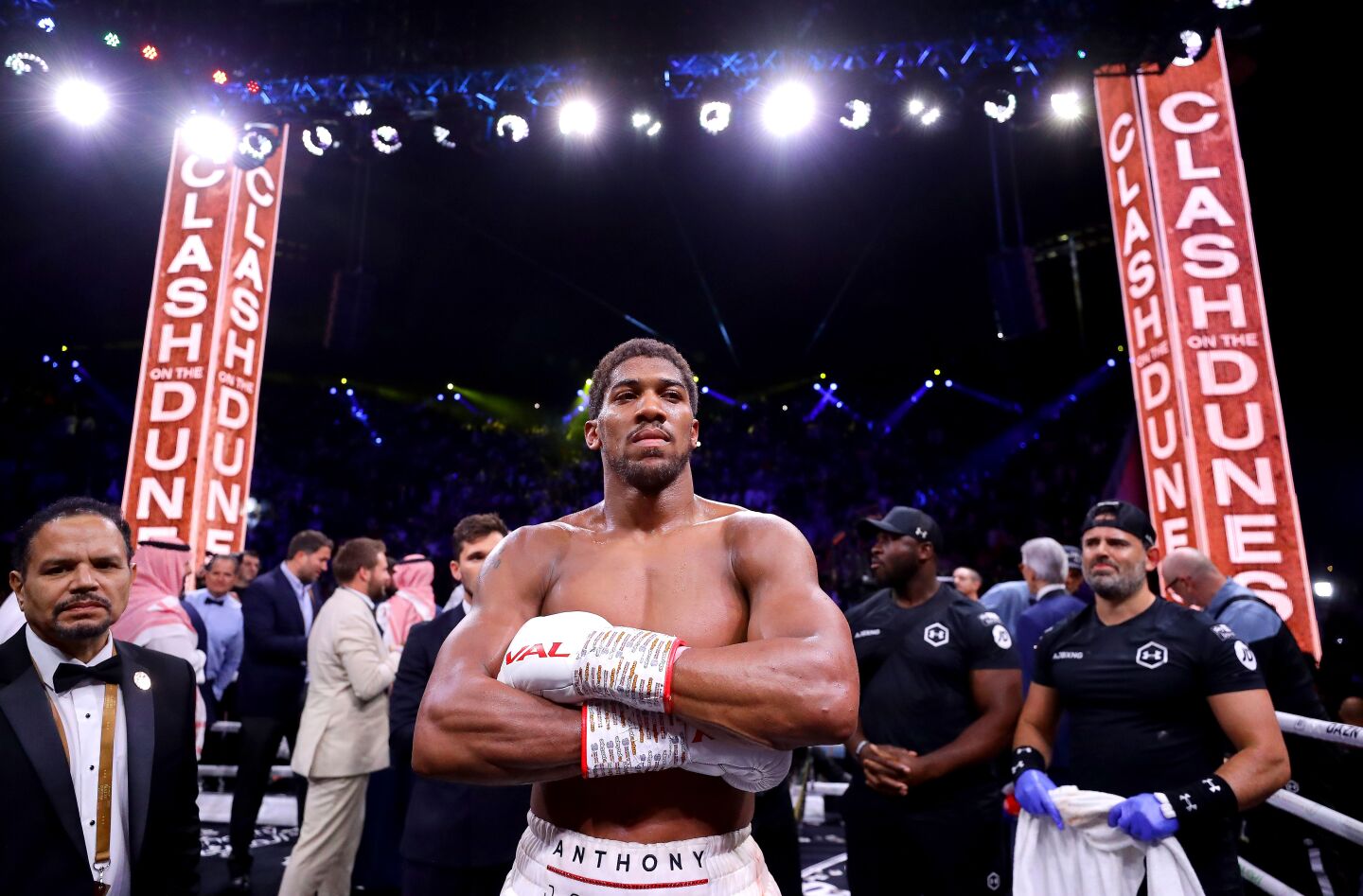 Anthony Joshua celebrates his victory over Andy Ruiz Jr. in a heavyweight title fight on Dec. 7 in Diriyah, Saudi Arabia.