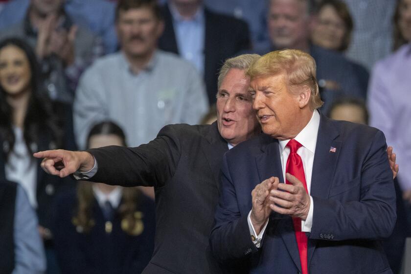 BAKERSFIELD, CA - FEBRUARY 19: House Minority Leader Kevin McCarthy and U.S. President Donald Trump attend a legislation signing rally with local farmers on February 19, 2020 in Bakersfield, California. The presidential signing ushers in his administration's new rules altering how federal authorities decide who gets water and how much in California, sending more water to farmers despite predictions that the changes will further threaten endangered species in the fragile San Joaquin Delta. (Photo by David McNew/Getty Images)
