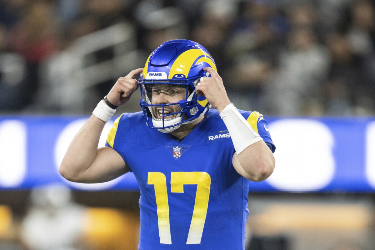 Rams quarterback Baker Mayfield gestures during a win over the Raiders on Dec. 8.