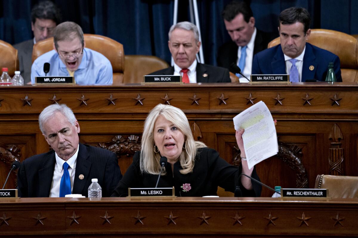 U.S. House Judiciary Committee member Debbie Lesko (R-Ariz.) speaks during a committee markup hearing on the articles of impeachment against President Trump.