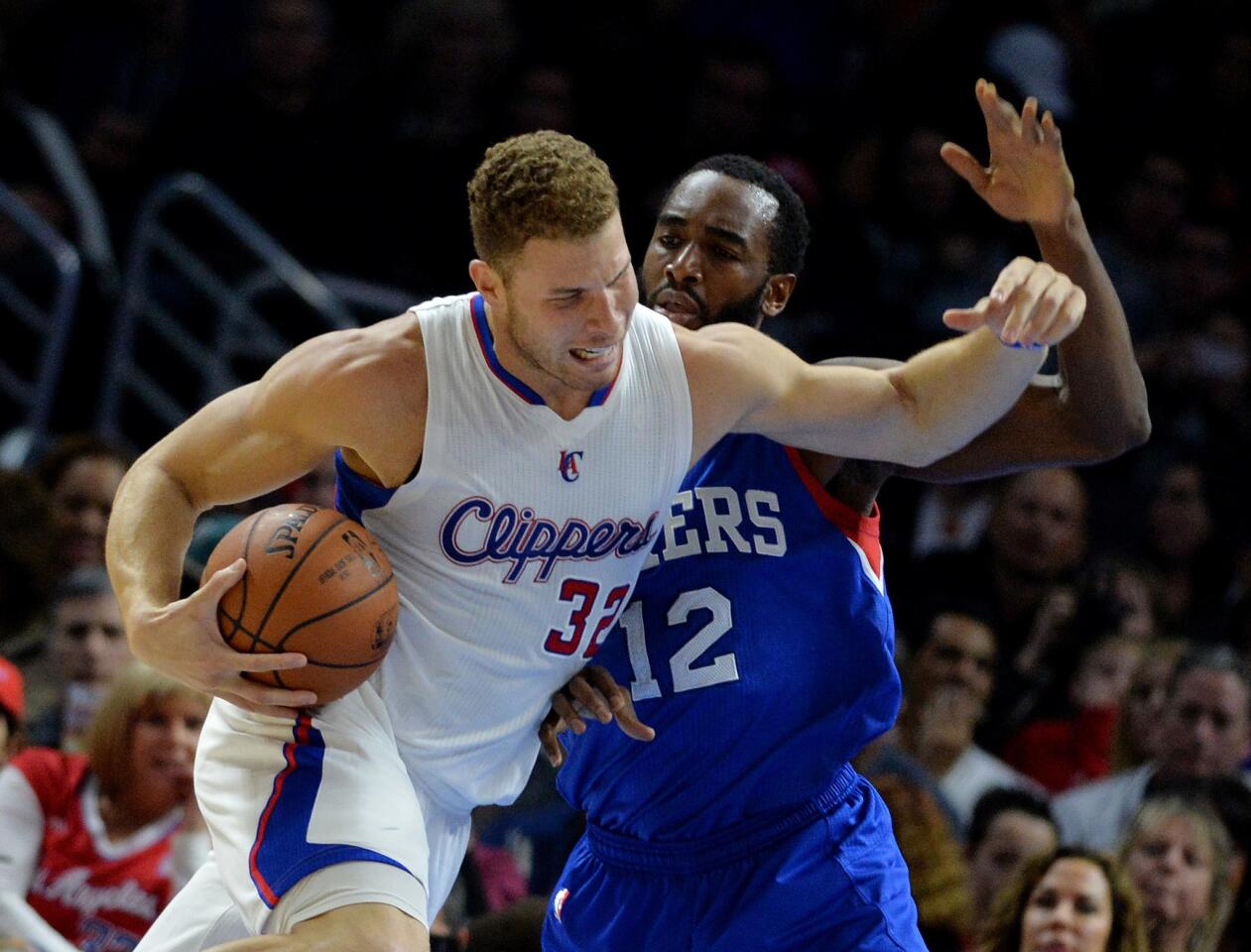 Clippers forward Blake Griffin tries to drive past 76ers forward Luc Richard Mbah a Moute in the second half.
