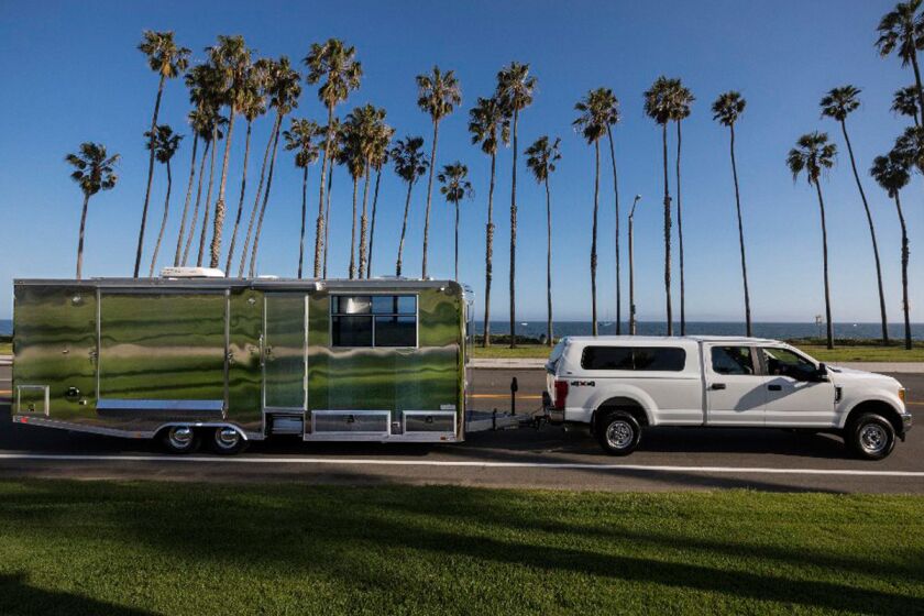 The Living Vehicle, which is designed to be a permanent residence, on the go at Cabrillo Beach in Santa Barbara.