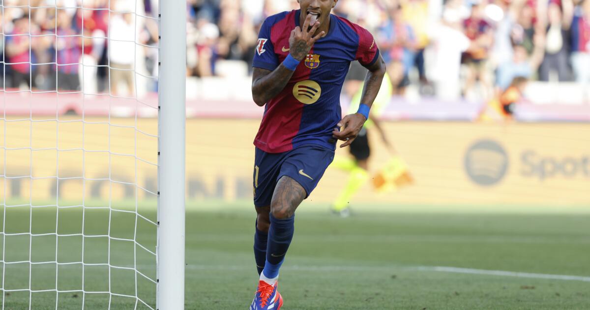 Raphinha celebrates a hat trick as Barcelona beat Valladolid