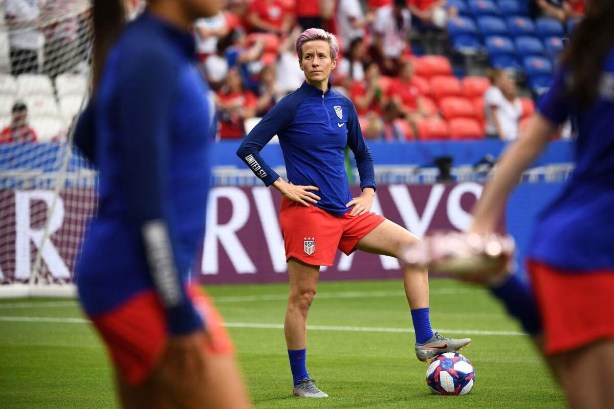 U.S. forward Megan Rapinoe during warmup prior to the France 2019 FIFA Women's World Cup semifinal soccer match between England and USA, on July 2, 2019, at the Lyon Satdium in Décines-Charpieu, France.