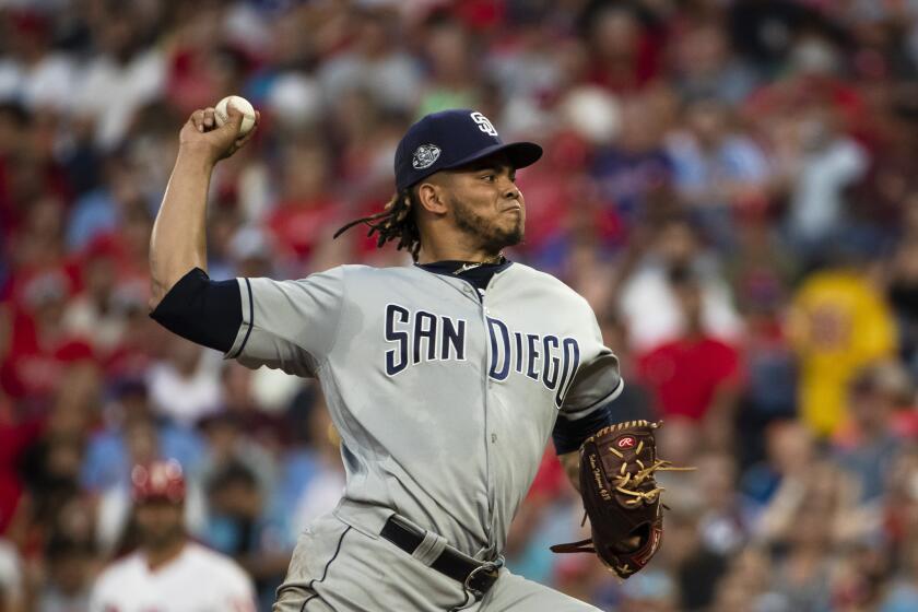 San Diego Padres' Dinelson Lamet pitches during the second inning of a baseball game against the Philadelphia Phillies, Saturday, Aug. 17, 2019, in Philadelphia. (AP Photo/Matt Rourke)