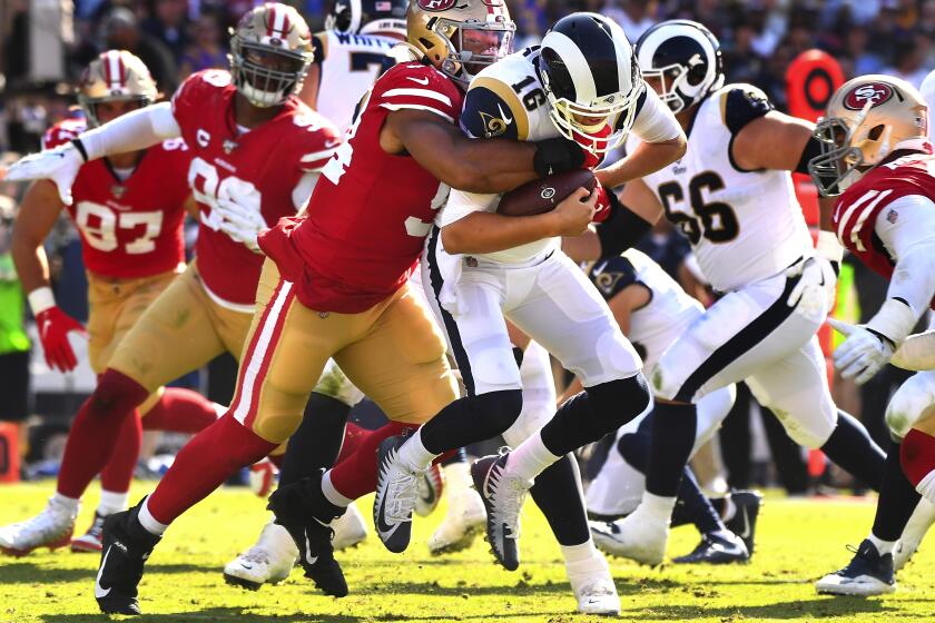 Wally Skalij  Los Angeles Times JARED GOFF is sacked by 49ers defensive lineman Solomon Thomas in the third quarter of the Rams’ third consecutive loss.
