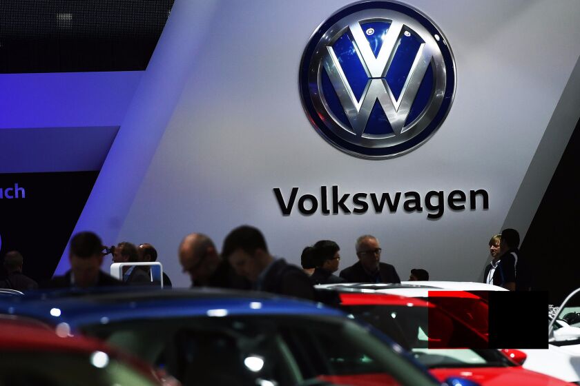 This file photo taken on January 11, 2016 shows the Volkswagen booth during the press preview of the 2016 North American International Auto Show in Detroit, Michigan.