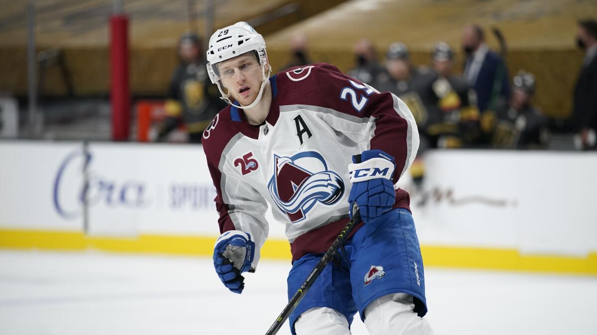 Nathan MacKinnon, pictured May 10, 2021, helped the Colorado Avalanche win the Presidents' Trophy.