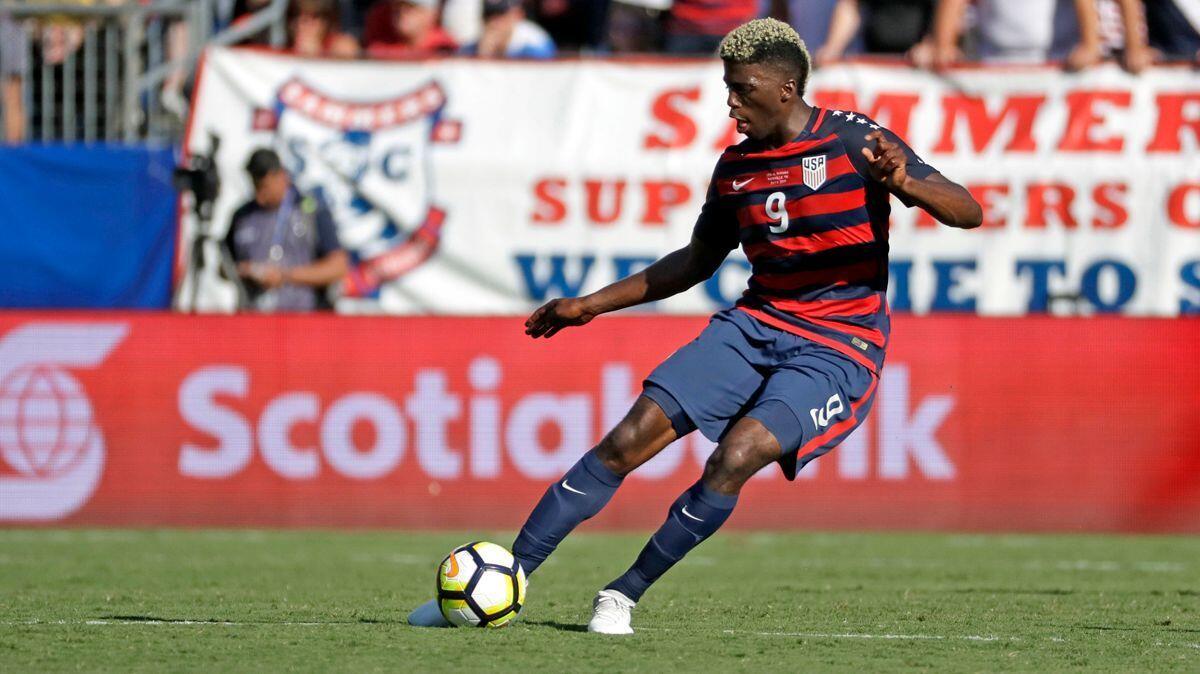 Gyasi Zardes advances the ball during a CONCACAF Gold Cup soccer match between the United States and Panama on July 8.