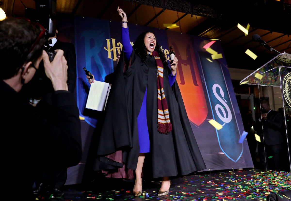 London Breed, mayor of San Francisco speaks onstage during a screening of a "Harry Potter" movie.