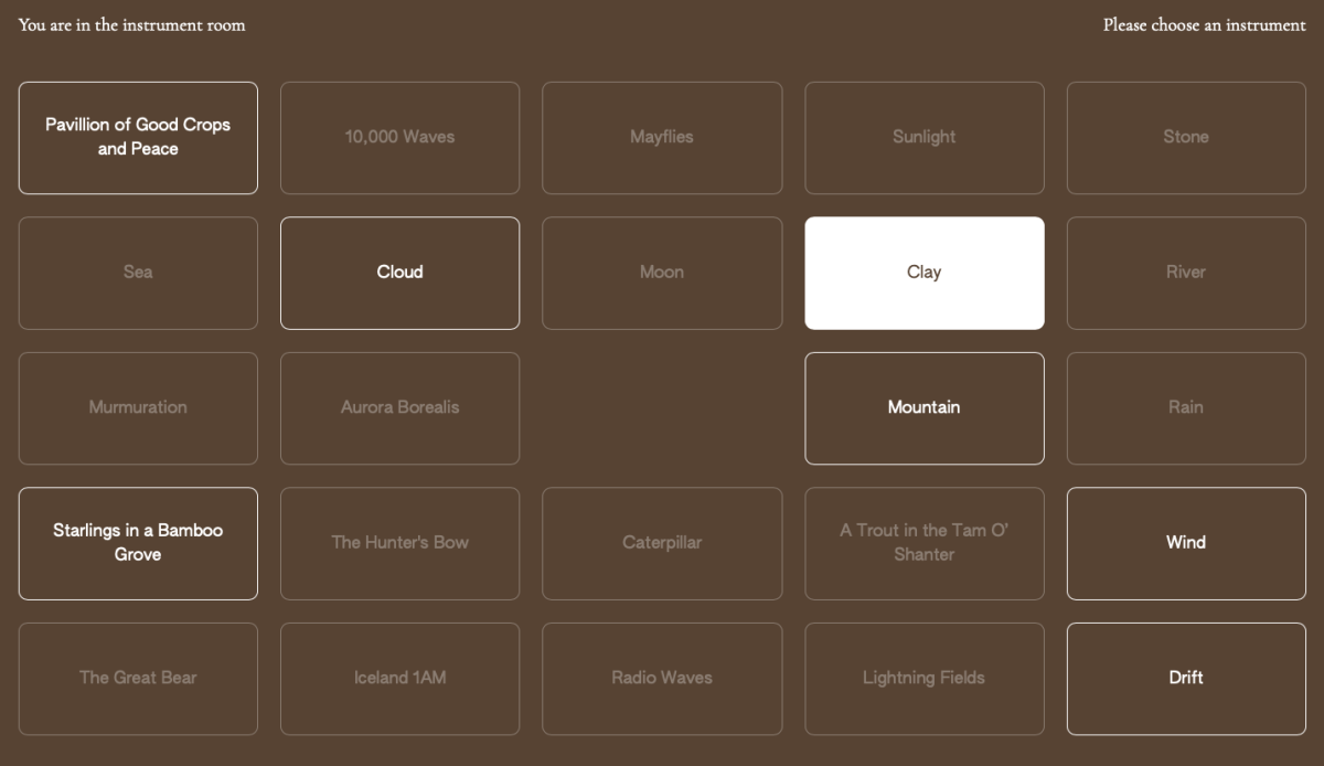 A screengrab shows a chocolate brown web window with squares marking instruments such as "Mountain" and "Cloud."