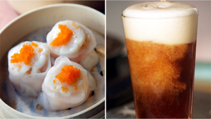 The San Gabriel Dumpling & Beer Fest is coming up Thursday. Pictured, from left, a fish roe with scallop dumpling at Harbour Seafood Restaurant in Rosemead and a glass of beer.