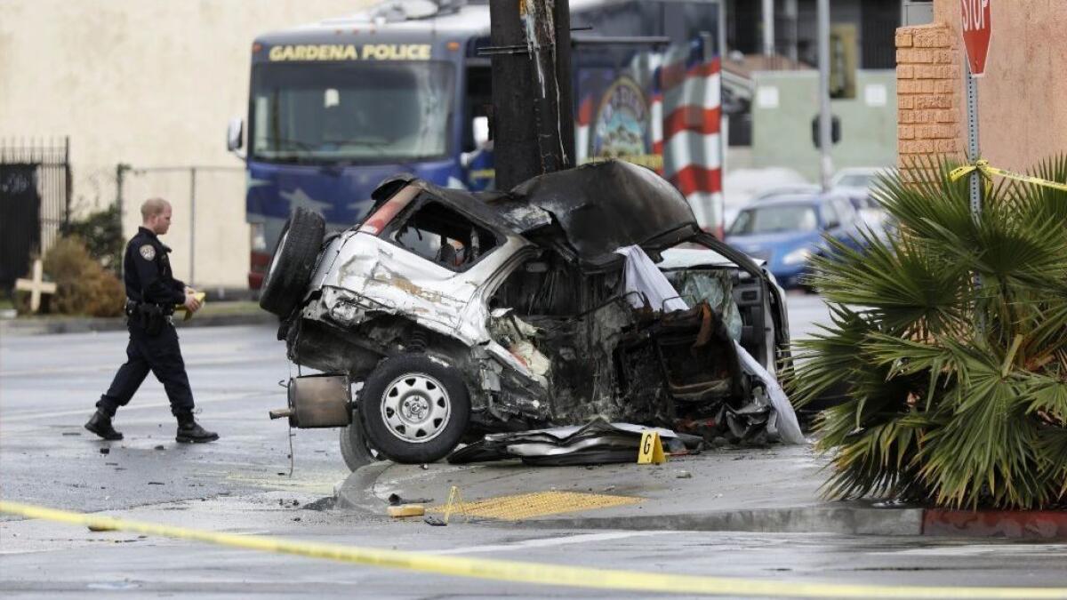 The wreckage of a vehicle involved in a fatal police pursuit that ended in L.A. earlier this year. The California Supreme Court ruled Monday for the Gardena Police Department, which was involved in a pursuit in 2015.