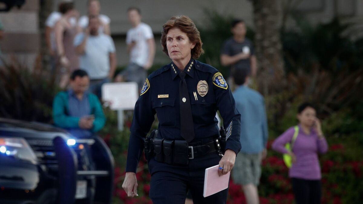San Diego Police Department Chief Shelley Zimmerman arrives Sunday, April 30, 2017 at the corner of Golden Haven Drive and Judicial in University City, San Diego, Calif. after reports of a gunman shooting seven victims at a complex in University City.