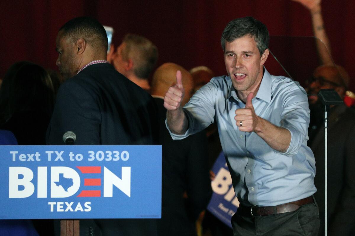 Former Texas Rep. Beto O'Rourke gestures after endorsing Democratic presidential candidate former Vice President Joe Biden at a campaign rally Monday in Dallas.