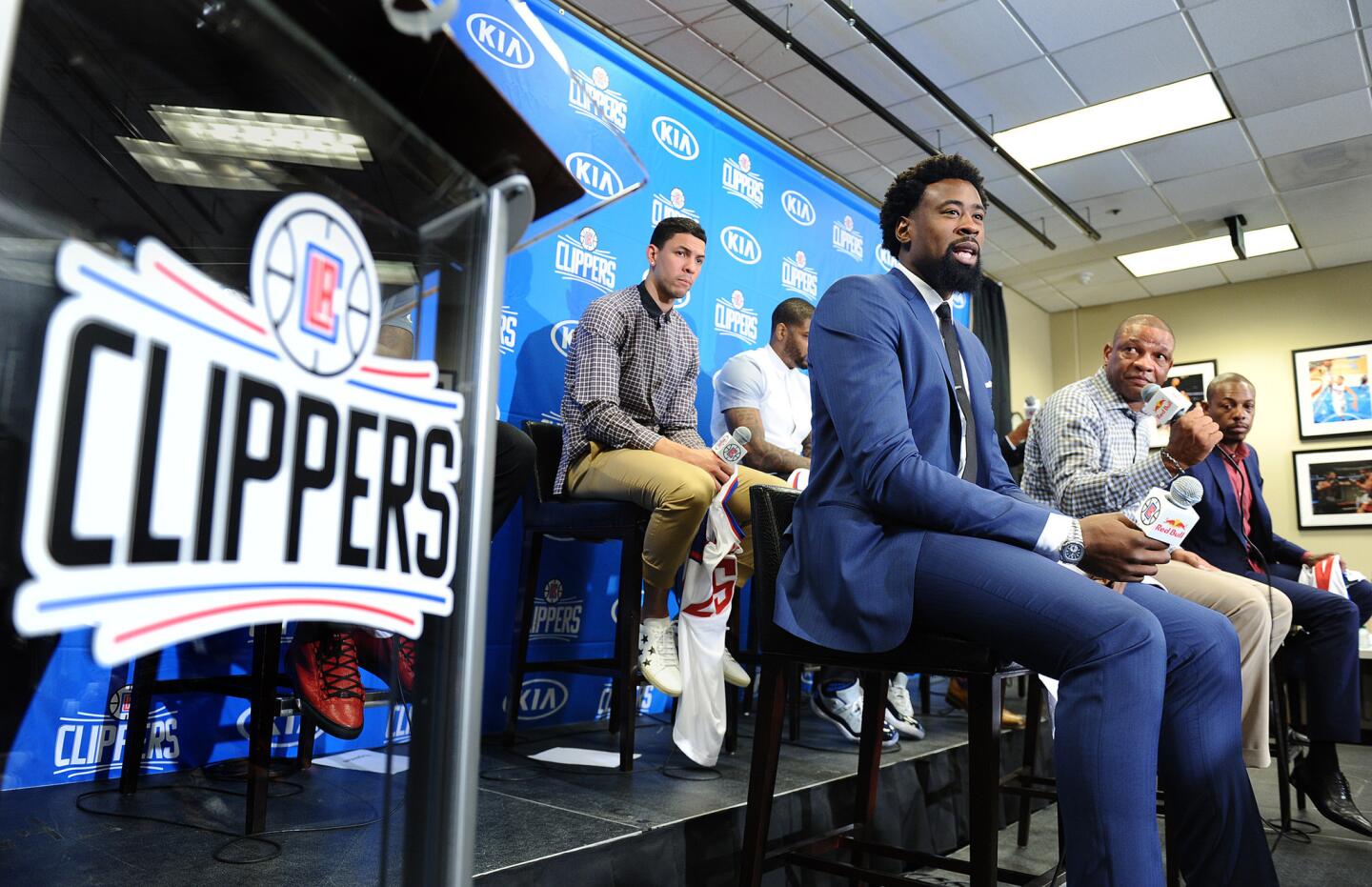 Clippers center DeAndre Jordan speaks during a news conference Tuesday at Staples Center.