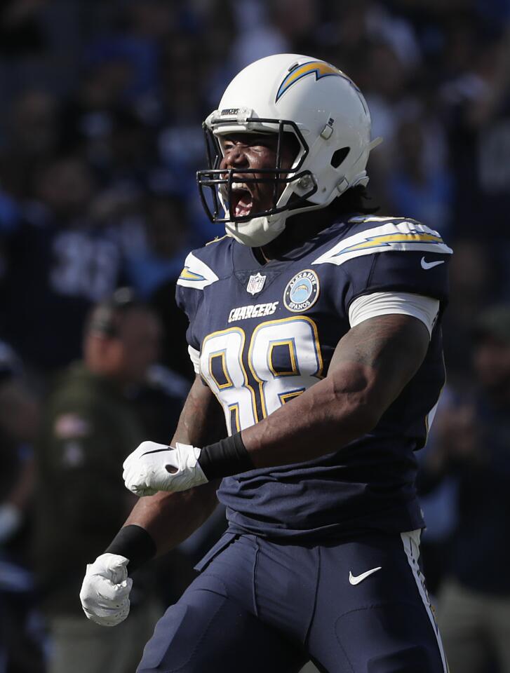 Chargers tight end Virgil Green yells out after catching a pass for a first down, keeping a first half drive alive against the Denver Broncos at Stubhub Center.