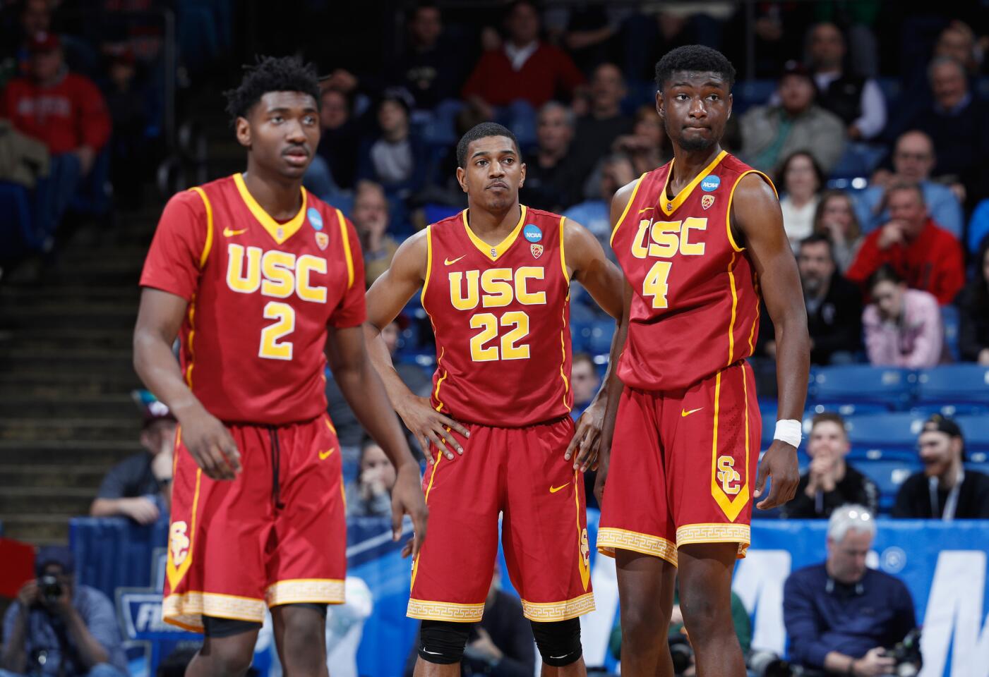 USC's Jonah Mathews (2), De'Anthony Melton (22) and Chimezie Metu (4) look on in the second half against Providence Friars during the First Four game in the 2017 NCAA Tournament.