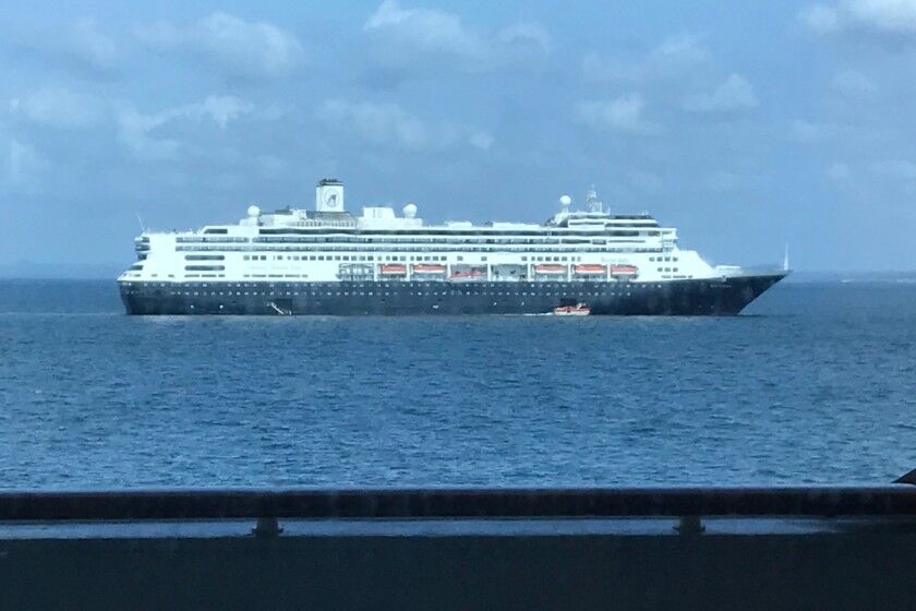 A view of the Zaandam cruise ship, which is sailing in tandem with the Rotterdam, also owned by Holland America. Zandaam passengers who have had no illness were transferred to the Rotterdam.