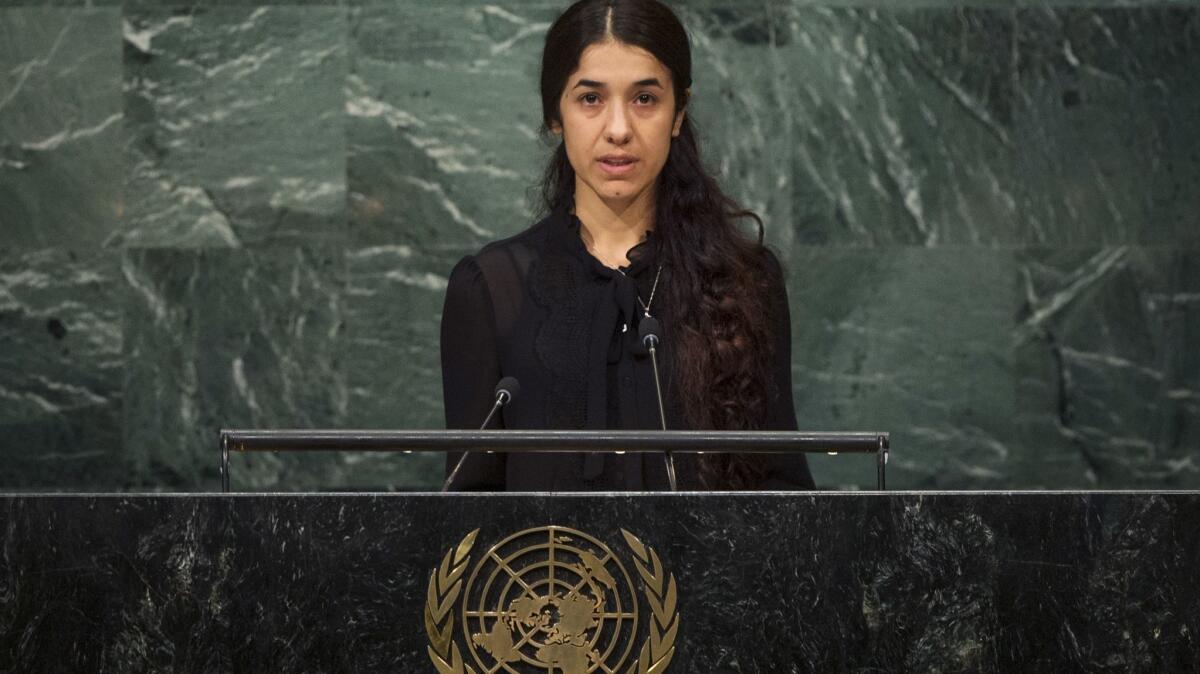 Nadia Murad, a Yazidi former captive of the Islamic State group, addresses the 71st session of the U.N. General Assembly, at U.N. headquarters in 2016.