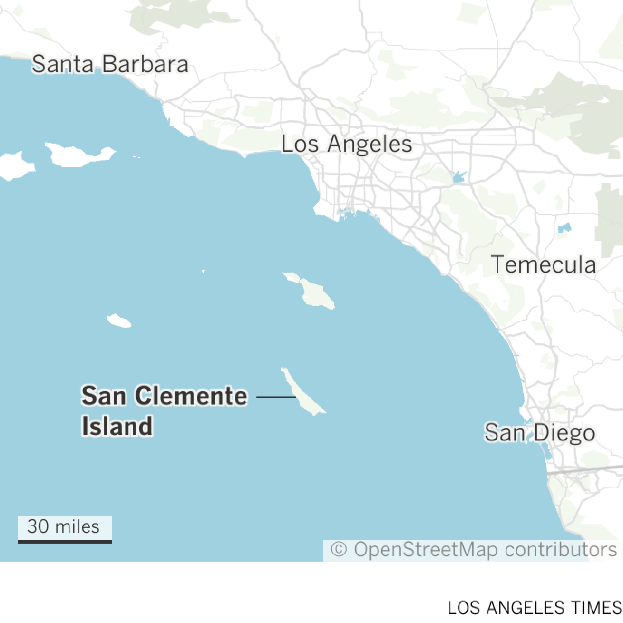 Map highlights the location of San Clemente Island, which is the southernmost Channel Island in Los Angeles County and is located west of San Diego.