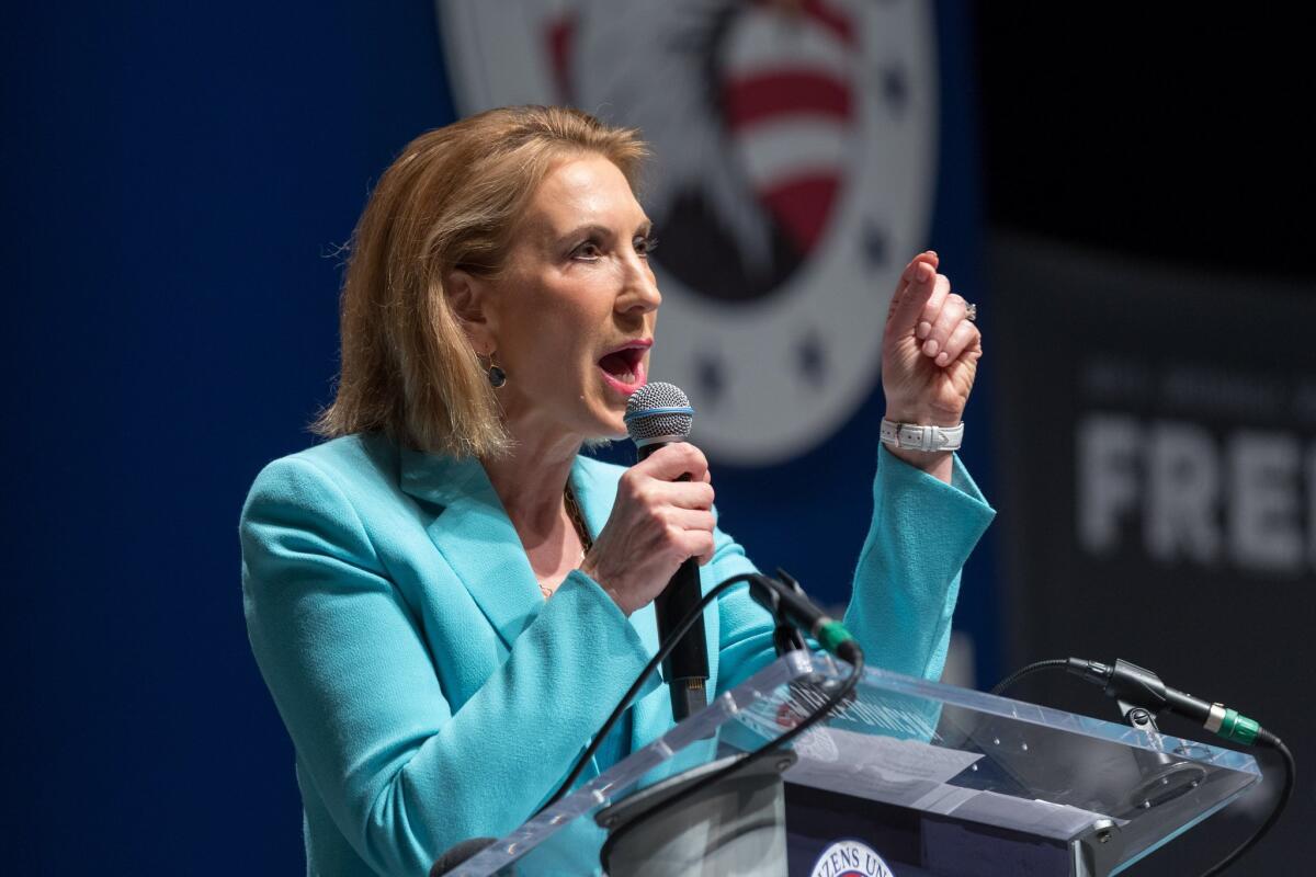 Carly Fiorina, a former Hewlett-Packard chief executive and a GOP presidential hopeful, speaks at the Freedom Summit on May 9 in Greenville, S.C.